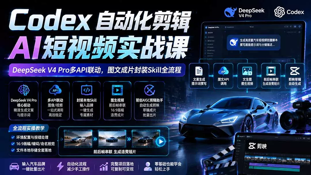 Codex自动化剪辑AI短视频实战课｜DeepSeek V4 Pro多API联动，图文成片封装Skill全流程祝你网--专注互联网创业.信息差副业研究拒绝割韭菜祝你网