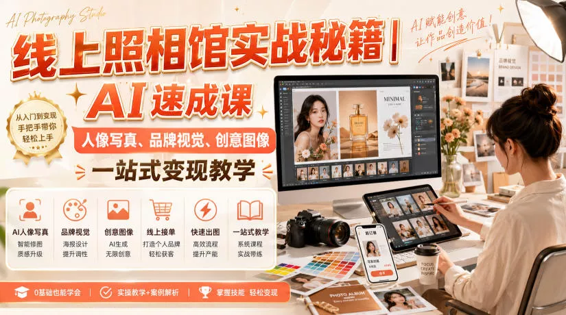 1402ce1d043412d6223659c4d238f280.webp 线上照相馆实战秘籍|AI速成课,人像写真、品牌视觉、创意图像一站式变现教学