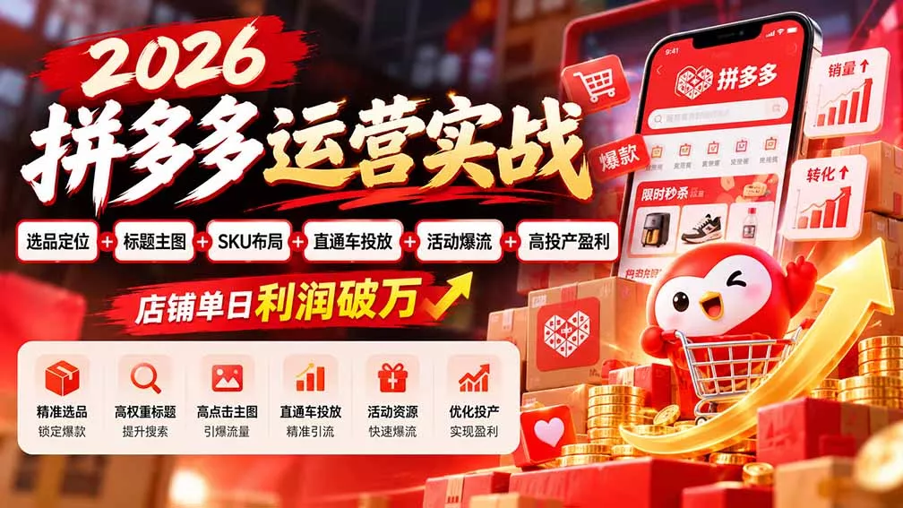 2026拼多多运营实战-更新1002:选品定位+标题主图+SKU布局+直通车投放+活动爆流+高投产盈利 店铺单日利润破万祝你网--专注互联网创业.信息差副业研究拒绝割韭菜祝你网