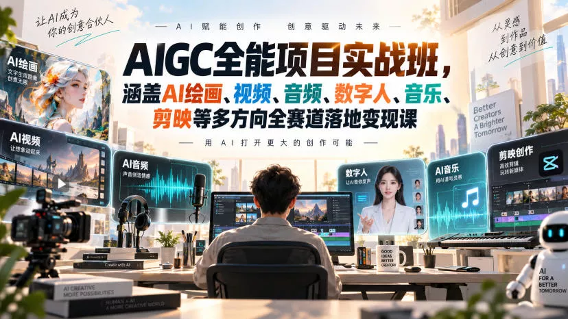 AIGC全能项目实战班,涵盖AI绘画、视频、音频、数字人、音乐、剪映等多方向全赛道落地变现课祝你网--专注互联网创业.信息差副业研究拒绝割韭菜祝你网