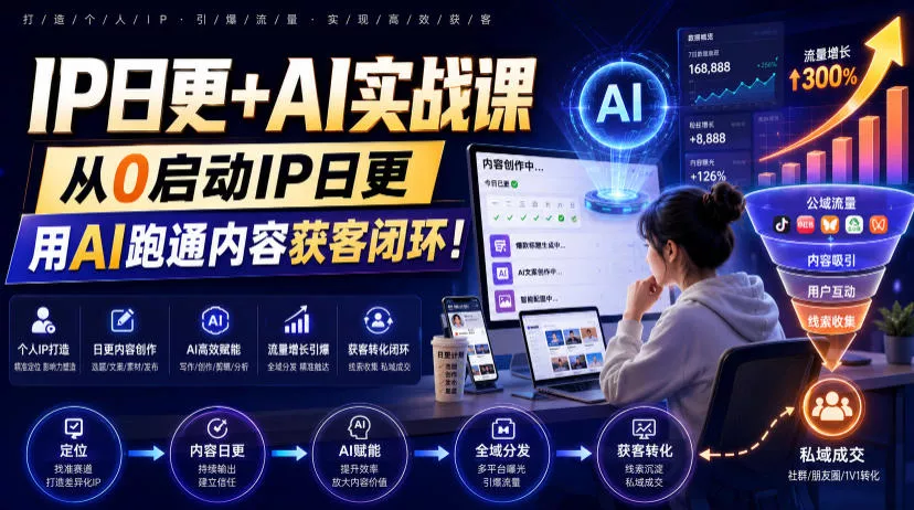 16112ccbdc27d28617bba1b9d294ac73.webp IP日更+AI实战课,从0启动IP日更,IP置顶视频制作+100条选题库搭建+10条日更规划,用AI跑通内容获客闭环!