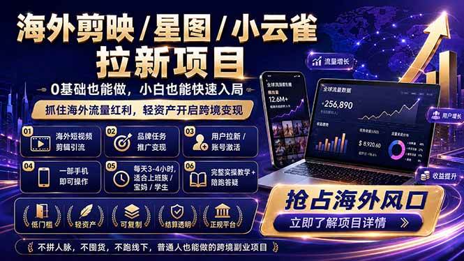 （18567期）海外剪映 / 星图 / 小云雀拉新项目 普通人也能上手的跨境流量变现副业祝你网--专注互联网创业.信息差副业研究拒绝割韭菜祝你网