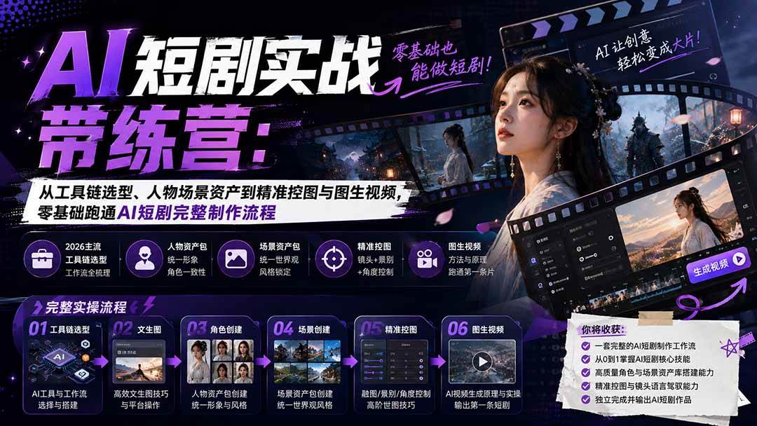 (20064期)AI短剧实战训练营:从工具链选型、人物场景资产到精准控图与图生视频,零基础跑通AI短剧完整制作流程祝你网--专注互联网创业.信息差副业研究拒绝割韭菜祝你网