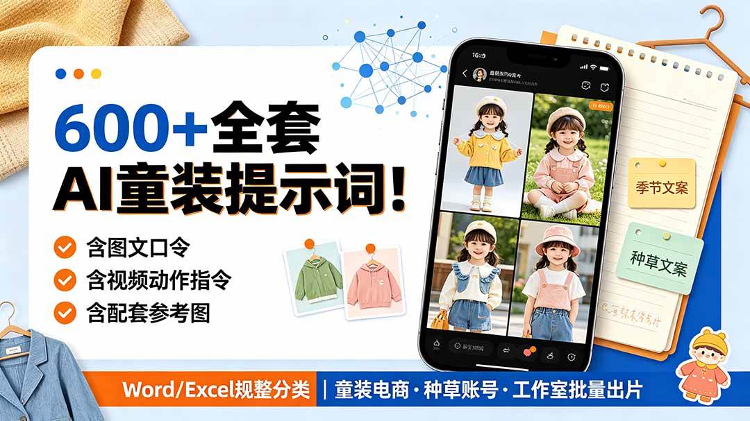 （19302期）600+全套AI童装提示词！含图文口令+视频动作指令+配套参考图，Word/Excel规整分类，童装电商、种草无脑量产内容祝你网--专注互联网创业.信息差副业研究拒绝割韭菜祝你网