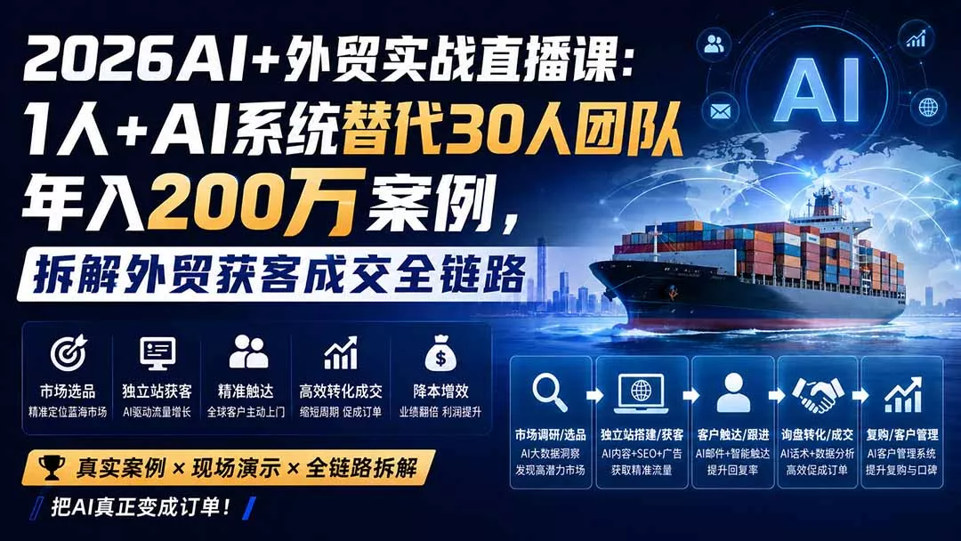 172ffab8cd08a0b7843d75fa25893c7d.webp 2026AI+外贸实战直播课:1人+AI系统替代30人团队年入200万案例,拆解外贸获客成交全链路