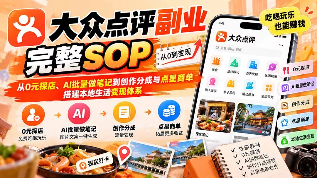 【无水印】大众点评副业完整SOP:从0元探店、AI批量做笔记到创作分成与点星商单,搭建本地生活变现体系祝你网--专注互联网创业.信息差副业研究拒绝割韭菜祝你网