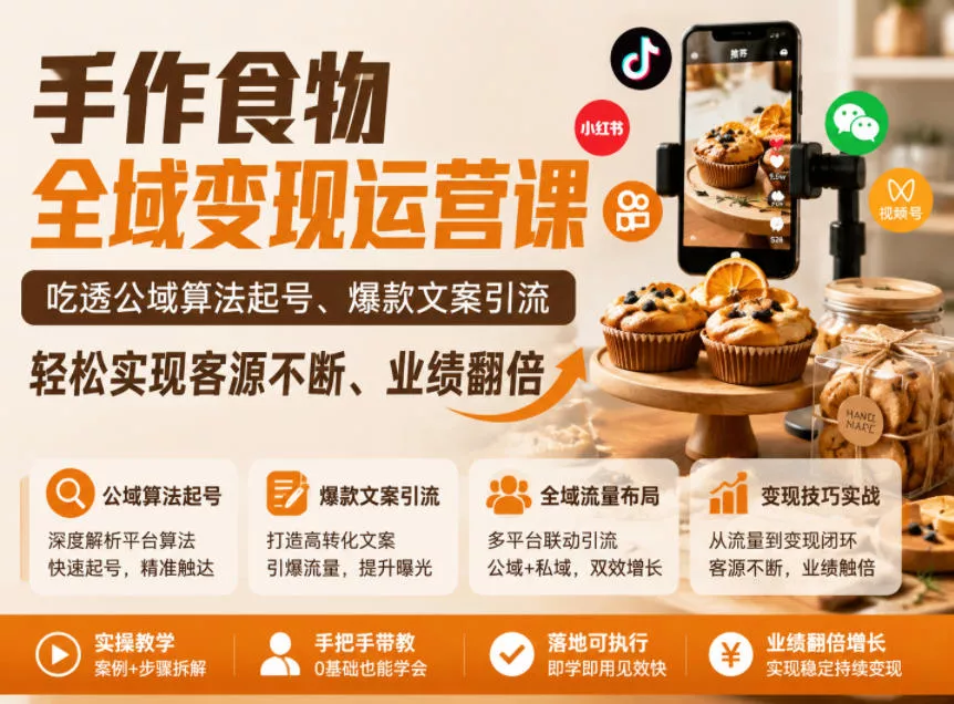 手作食物全域变现运营课，吃透公域算法起号、爆款文案引流，轻松实现客源不断、业绩翻倍祝你网--专注互联网创业.信息差副业研究拒绝割韭菜祝你网
