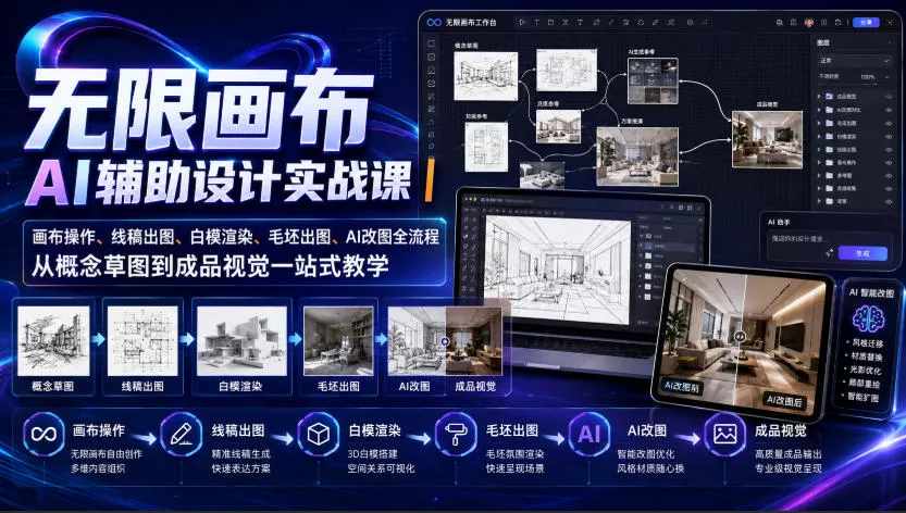 无限画布AI辅助设计实战课|画布操作、线稿出图、白模渲染、毛坯出图、AI改图全流程,从概念草图到成品视觉一站式教学祝你网--专注互联网创业.信息差副业研究拒绝割韭菜祝你网