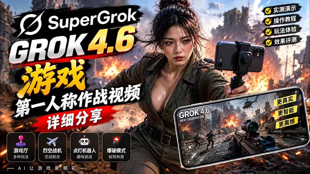 17ac309b4ea122e90a86e9b96fbec9c1.jpeg (20502期)Grok 4.6 也能做游戏?第一人称作战视频实测|玩法详细讲解