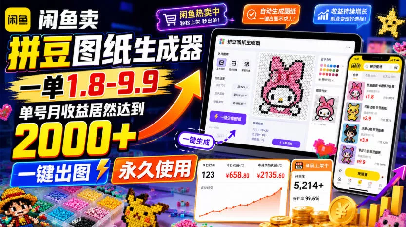 17d55881bbbecf465061f6a687e42936.webp 闲鱼卖拼豆图纸生成器,一单1.8-9.9,单号月收益居然达到2000+一键出图永久使用