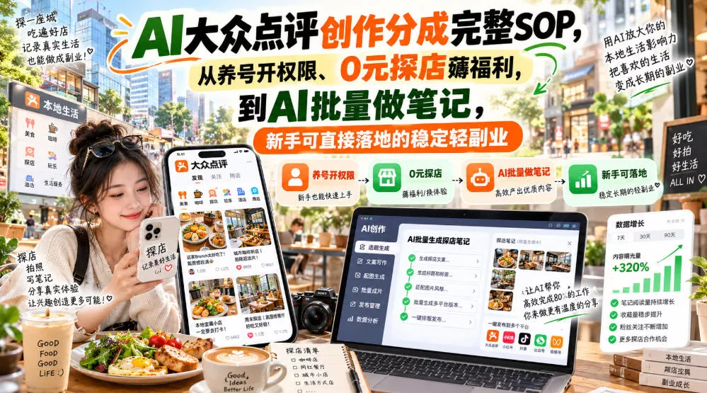 1856b10eeb57a909b17207894dc51480.webp 【无水印】AI大众点评创作分成完整SOP,从养号开权限、0元探店薅福利,到AI批量做笔记,新手可直接落地的稳定轻副业