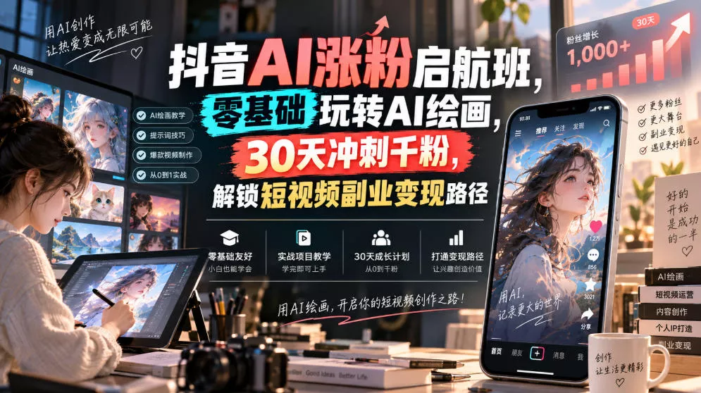 1920fd69176ce6bc7767189e575cf03a.webp 抖音AI涨粉启航班,零基础玩转AI绘画,30天冲刺千粉,解锁短视频副业变现路径
