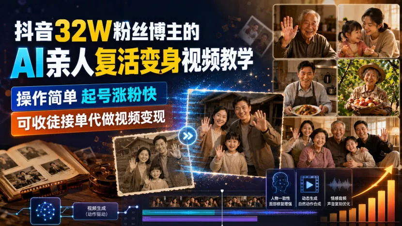 194fd1bc822bae99a41e84b621f1b513.webp 抖音32W粉丝博主的AI亲人复活变身视频教学,操作简单,起号涨粉快,可收徒接单代做视频变现