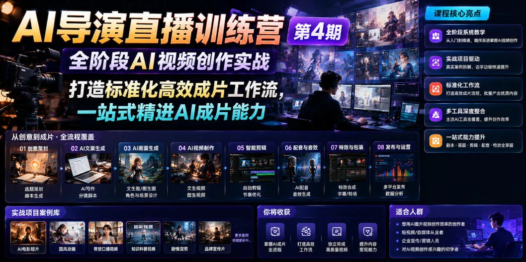 1959f31771b475cb9f8cd0fa4b741235.webp AI导演直播训练营第4期|全阶段AI视频创作实战,打造标准化高效成片工作流,一站式精进AI成片能力