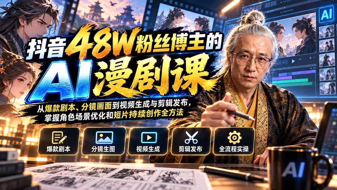 抖音48W粉丝博主的AI漫剧课:从爆款剧本、分镜画面到视频生成与剪辑发布,掌握角色场景优化和短片持续创作全方法祝你网--专注互联网创业.信息差副业研究拒绝割韭菜祝你网