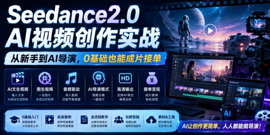 199c82796aac43b12368d246816be404.webp Seedance2.0 AI视频创作实战,从新手到AI导演,0基础也能成片接单变现