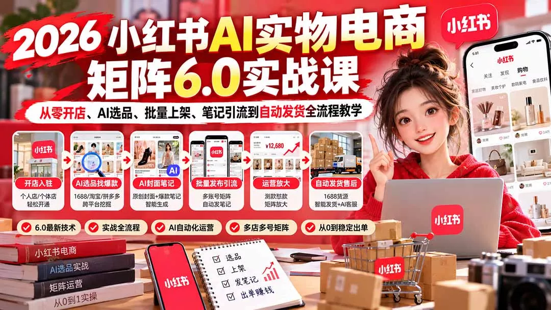 19ea55307b6854387574ce60672cc586.webp 2026小红书AI实物电商矩阵6.0实战课:从零开店、AI选品、批量上架、笔记引流到自动发货全流程教学