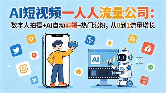 AI短视频一人流量公司:数字人拍摄+AI自动剪辑+热门涨粉,从0到1流量增长祝你网--专注互联网创业.信息差副业研究拒绝割韭菜祝你网
