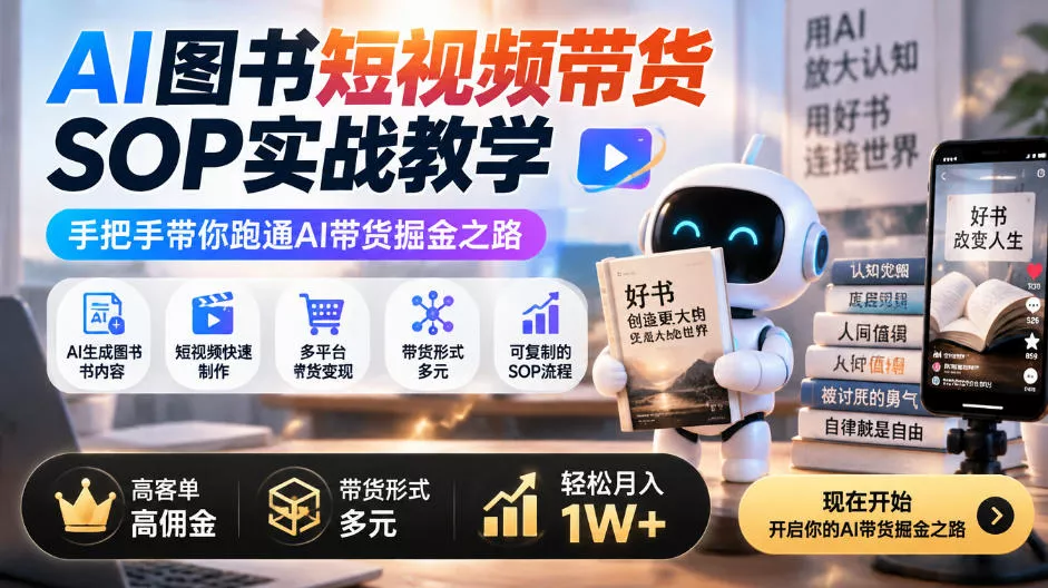AI图书短视频带货SOP实战教学,手把手带你跑通AI带货掘金之路,高客单高佣金,带货形式多元,轻松月入1W+祝你网--专注互联网创业.信息差副业研究拒绝割韭菜祝你网