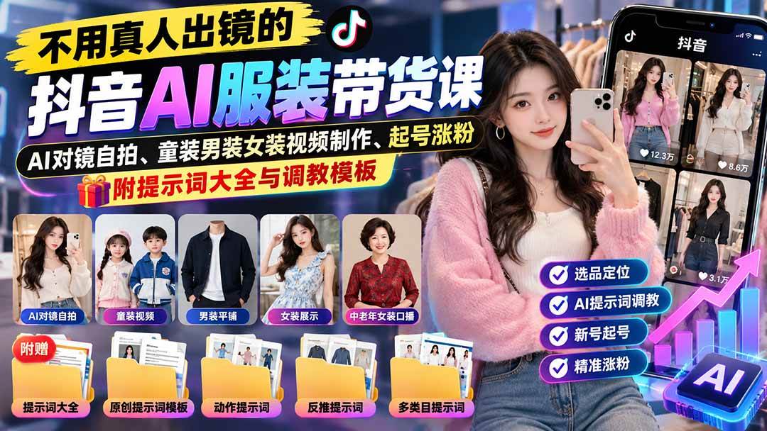 （20960期）不用真人出镜的抖音AI服装带货课：AI对镜自拍、童装男装女装视频制作、起号涨粉，附提示词大全与调教模板祝你网--专注互联网创业.信息差副业研究拒绝割韭菜祝你网