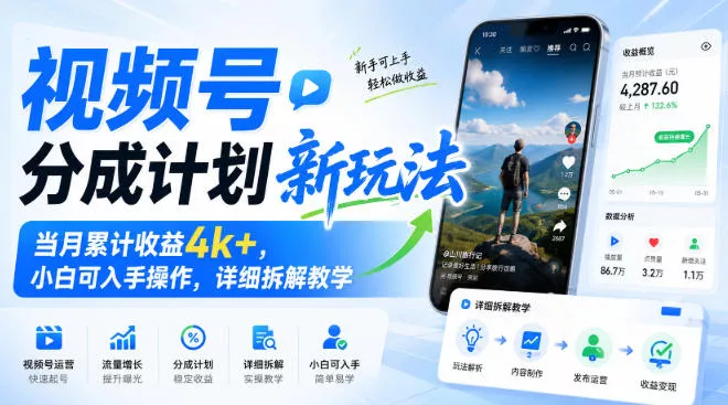 1baad4e5785cb9f4380f6bb28b4c19d9.webp 视频号分成计划新玩法,当月累计收益4k+,小白可入手操作,详细拆解教学