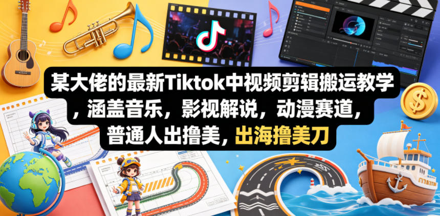 某大佬的最新Tiktok中视频剪辑搬运教学，涵盖音乐，影视解说，动漫赛道，普通人出海撸美刀祝你网--专注互联网创业.信息差副业研究拒绝割韭菜祝你网