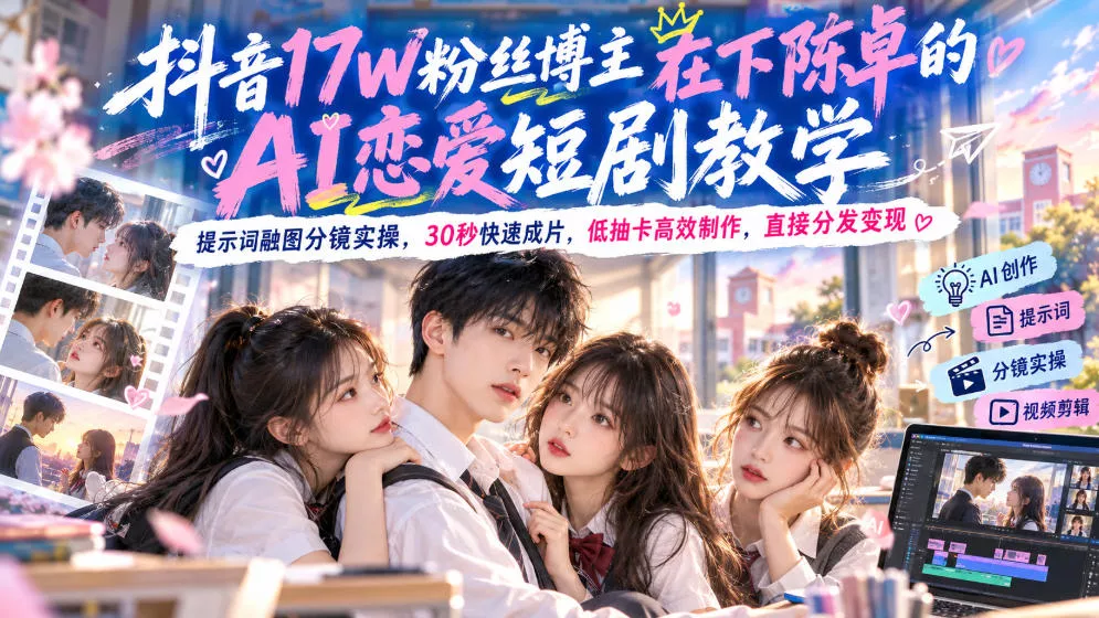 抖音17W粉丝博主在下陈卓的AI恋爱短剧教学,提示词融图分镜实操,30秒快速成片,低抽卡高效制作,直接分发变现祝你网--专注互联网创业.信息差副业研究拒绝割韭菜祝你网