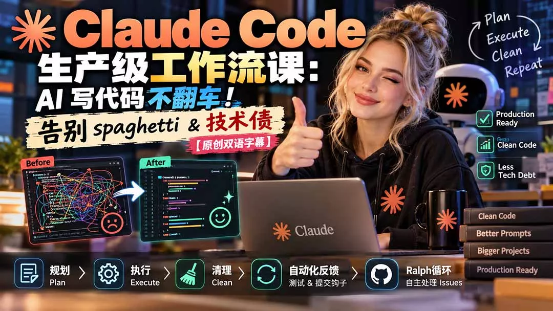 1cf88443466a3bbeefb8c136523563d2.webp Claude Code 生产级工作流课:AI 写代码不翻车!告别 spaghetti & 技术债【原创双语字幕】