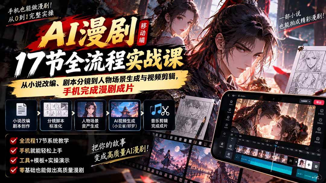 1d2f1062bfb235e4603c48943518f792.jpeg (20624期)AI漫剧移动端17节全流程实战课:从小说改编、剧本分镜到人物场景生成与视频剪辑,手机完成漫剧成片