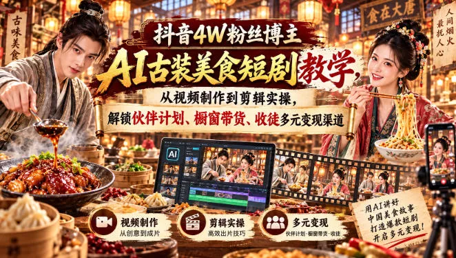 抖音4W粉丝博主AI古装美食短剧教学,从视频制作到剪辑实操,解锁伙伴计划、橱窗带货、收徒多元变现渠道祝你网--专注互联网创业.信息差副业研究拒绝割韭菜祝你网