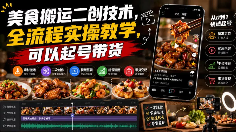 美食搬运二创技术,全流程实操教学,可以起号带货祝你网--专注互联网创业.信息差副业研究拒绝割韭菜祝你网