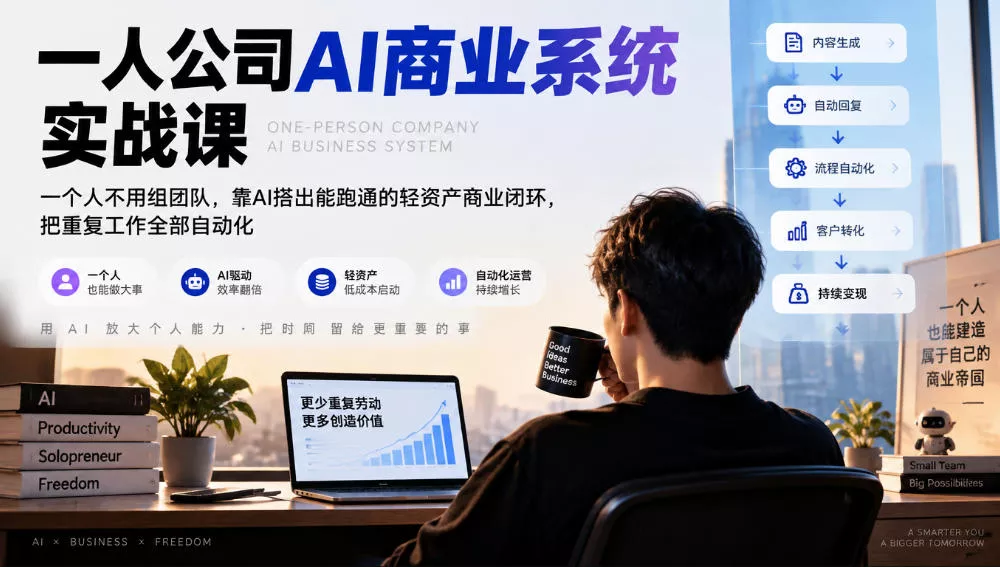 1e5601cb60962f23ffd561ab0aa1b2ca.webp 一人公司AI商业系统实战课,一个人不用组团队,靠AI搭出能跑通的轻资产商业闭环,把重复工作全部自动化