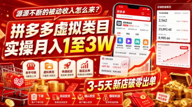 1ef8bdcbb1fc7c2e275a517cfef5d2aa.webp 源源不断的被动收入怎么来?拼多多虚拟类目实操月入1至3W,3-5天新店破零出单