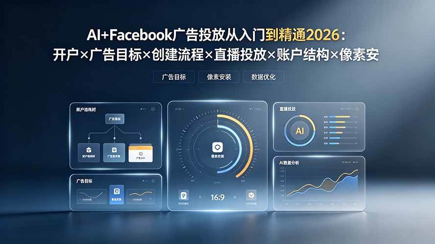 1efe1d2d0e20c168c4bd96ce6db5b066.jpeg (19465期)AI+Facebook广告投放从入门到精通2026:开户×广告目标×创建流程×直播投放×账户结构×像素安装×AI赋能