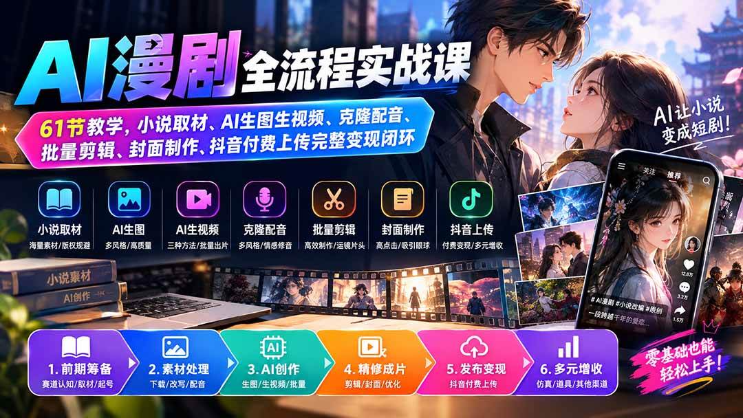 （20199期）AI漫剧全流程实战课｜61节教学，小说取材、AI生图生视频、克隆配音、批量剪辑、封面制作、抖音付费上传完整变现闭环祝你网--专注互联网创业.信息差副业研究拒绝割韭菜祝你网