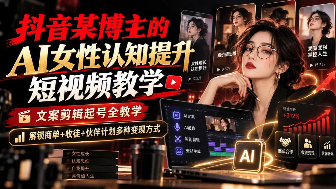 抖音某博主的Ai女性认知提升短视频教学，文案剪辑起号全教学，解锁商单+收徒+伙伴计划多种变现方式祝你网--专注互联网创业.信息差副业研究拒绝割韭菜祝你网