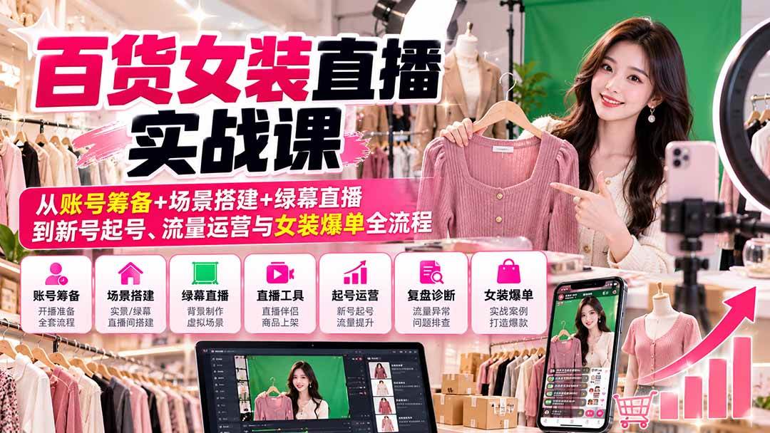 21000257ba97e4380ab8abbe0dc8b3e5.jpeg (20845期)【无水印】百货女装直播实战课:从账号筹备+场景搭建+绿幕直播到新号起号、流量运营与女装爆单全流程