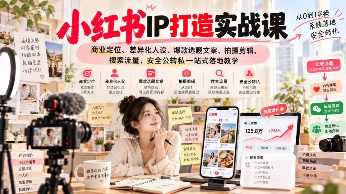 210b0d600f14eb72f2863a613dbe8746.webp 小红书ip打造实战课,商业定位、差异化人设、爆款选题文案、拍摄剪辑、搜索流量、安全公转私一站式落地教学