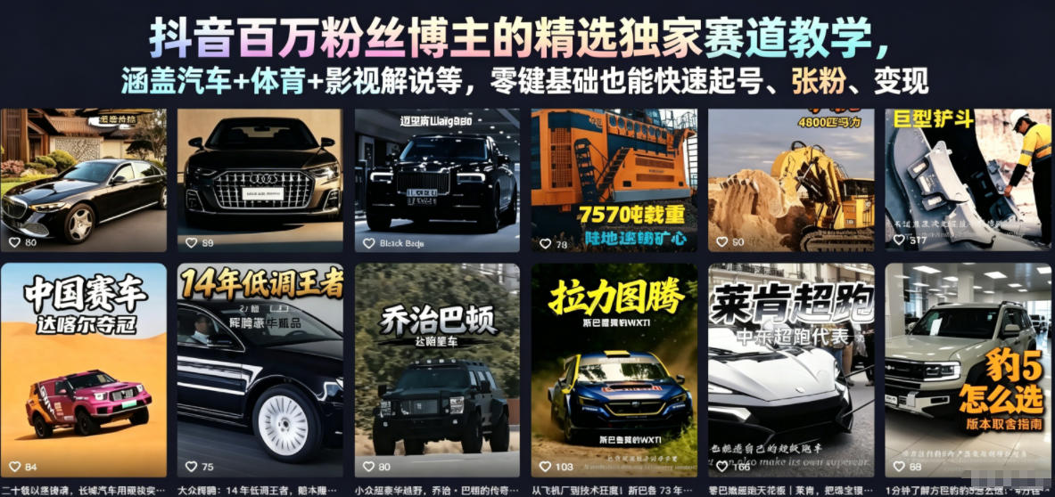 抖音百万粉丝博主的精选独家赛道教学，涵盖汽车+体育+影视解说等，零基础也能快速起号、涨粉、变现祝你网--专注互联网创业.信息差副业研究拒绝割韭菜祝你网