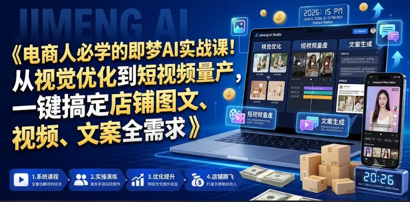 电商人必学的即梦AI实战课！从视觉优化到短视频量产，一键搞定店铺图文、视频、文案全需求祝你网--专注互联网创业.信息差副业研究拒绝割韭菜祝你网