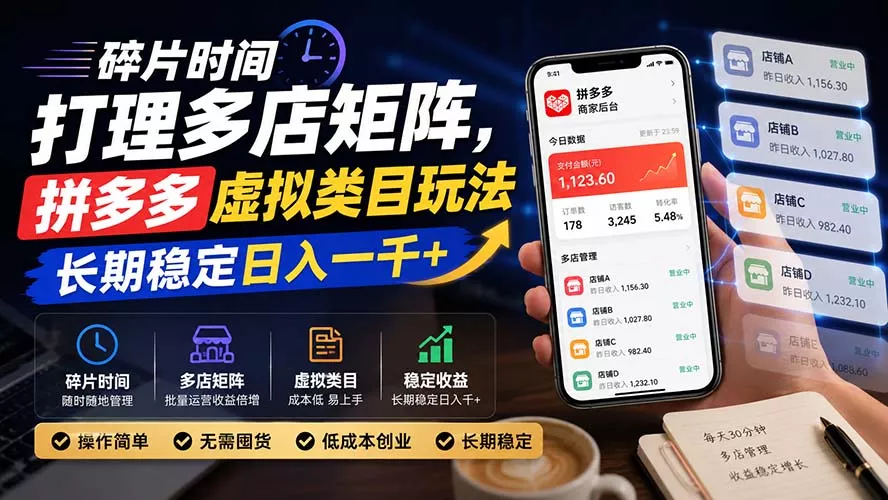 碎片时间打理多店矩阵,拼多多虚拟类目玩法,长期稳定日入一千+祝你网--专注互联网创业.信息差副业研究拒绝割韭菜祝你网