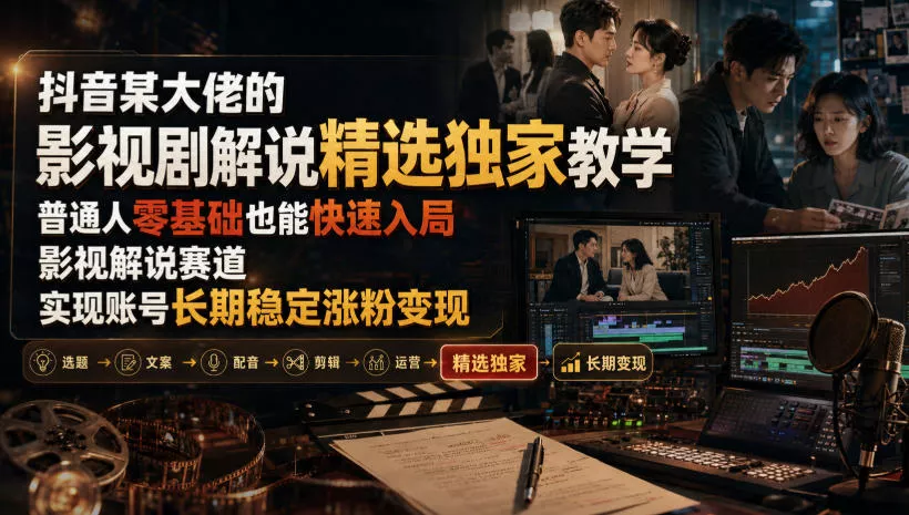 抖音某大佬的影视剧解说精选独家教学,普通人零基础也能快速入局影视解说赛道,实现账号长期稳定变现祝你网--专注互联网创业.信息差副业研究拒绝割韭菜祝你网