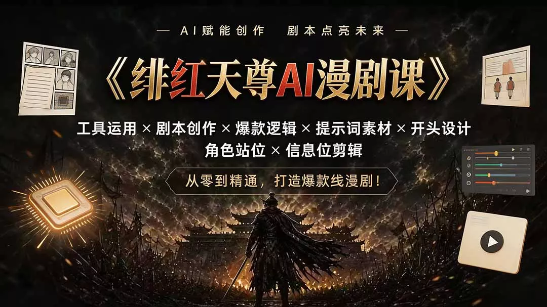 216963c0fd344e22319061ae31660cce.webp 绯红天尊AI漫剧课|工具运用×剧本创作×爆款逻辑×提示词素材×开头设计×角色站位×信息位剪辑