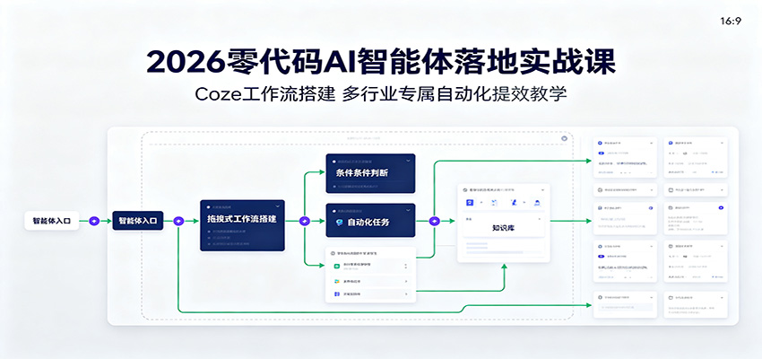 21724fc27e16c0dac88cae9875f16178.jpeg 2026零代码AI智能体落地实战课:Coze工作流搭建,多行业专属自动化提效教学