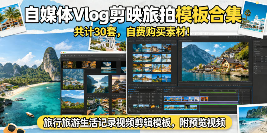 21999dd6ab9ac06ab84c36df9b6a0c12.jpeg 自媒体Vlog剪映旅拍模板合集,共计30套,自费购买素材!旅行旅游生活记录视频剪辑模板,附预览视频