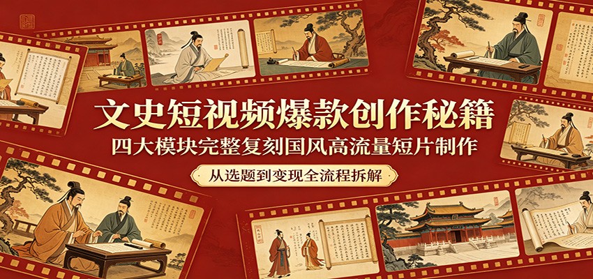 文史短视频爆款创作秘籍：四大模块完整复刻国风高流量短片制作祝你网--专注互联网创业.信息差副业研究拒绝割韭菜祝你网