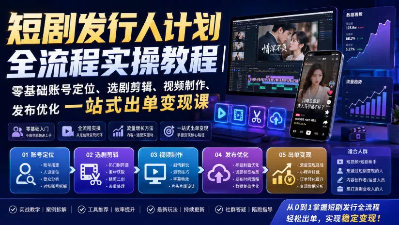 短剧发行人计划全流程实操教程|零基础账号定位、选剧剪辑、视频制作、发布优化一站式出单变现课祝你网--专注互联网创业.信息差副业研究拒绝割韭菜祝你网