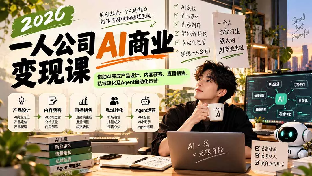 2237f12bb6732566695f50c09b730fd2.webp 2026一人公司AI商业变现课:借助AI完成产品设计、内容获客、直播销售、私域转化及Agent自动化运营