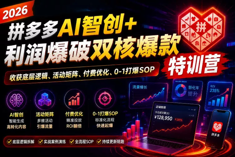 2026拼多多AI智创+利润爆破双核爆款特训营,收获底层逻辑、活动矩阵、付费优化、0-1打爆SOP(更新0810)祝你网--专注互联网创业.信息差副业研究拒绝割韭菜祝你网