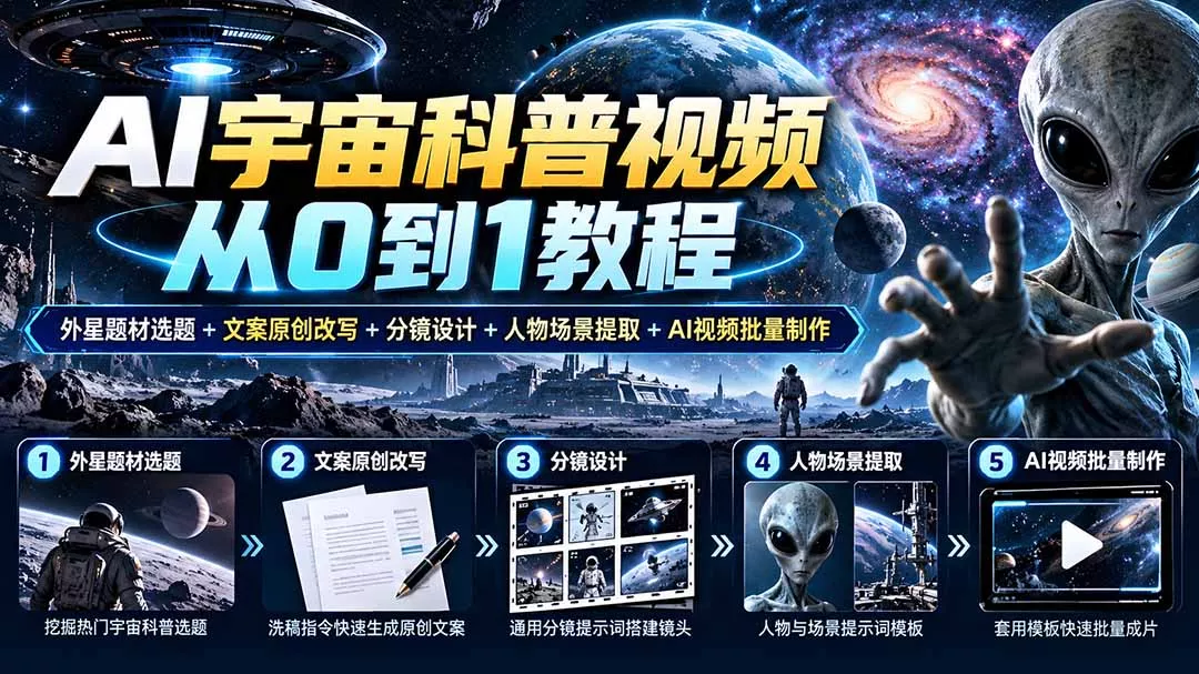 AI宇宙科普视频从0到1教程｜外星题材选题+文案原创改写+分镜设计+人物场景提取+AI视频批量制作祝你网--专注互联网创业.信息差副业研究拒绝割韭菜祝你网
